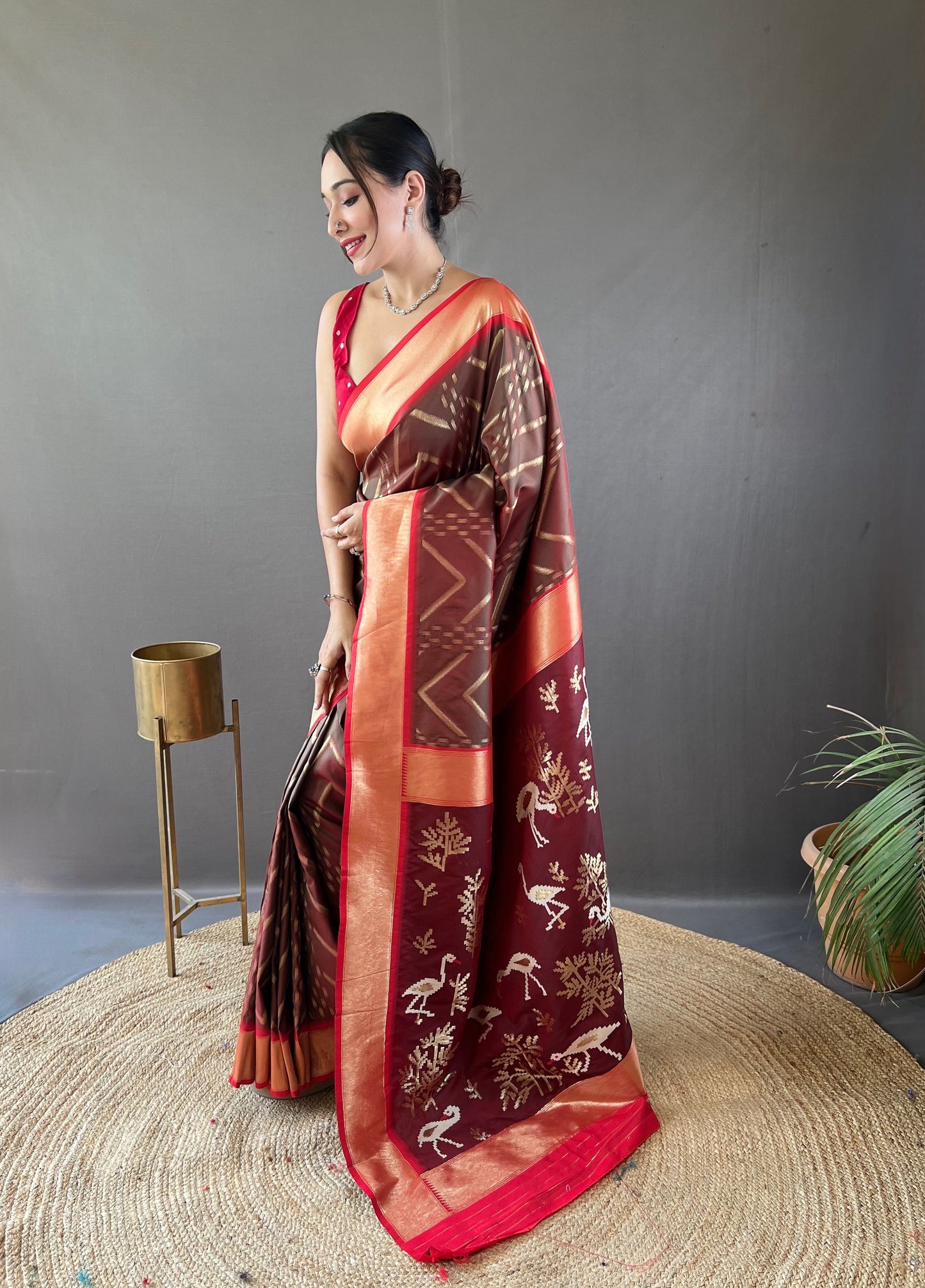 Enigmatic Coffee Color Soft Silk Saree with Viscose Zari & Rich Ikkat Weaving on Pallu