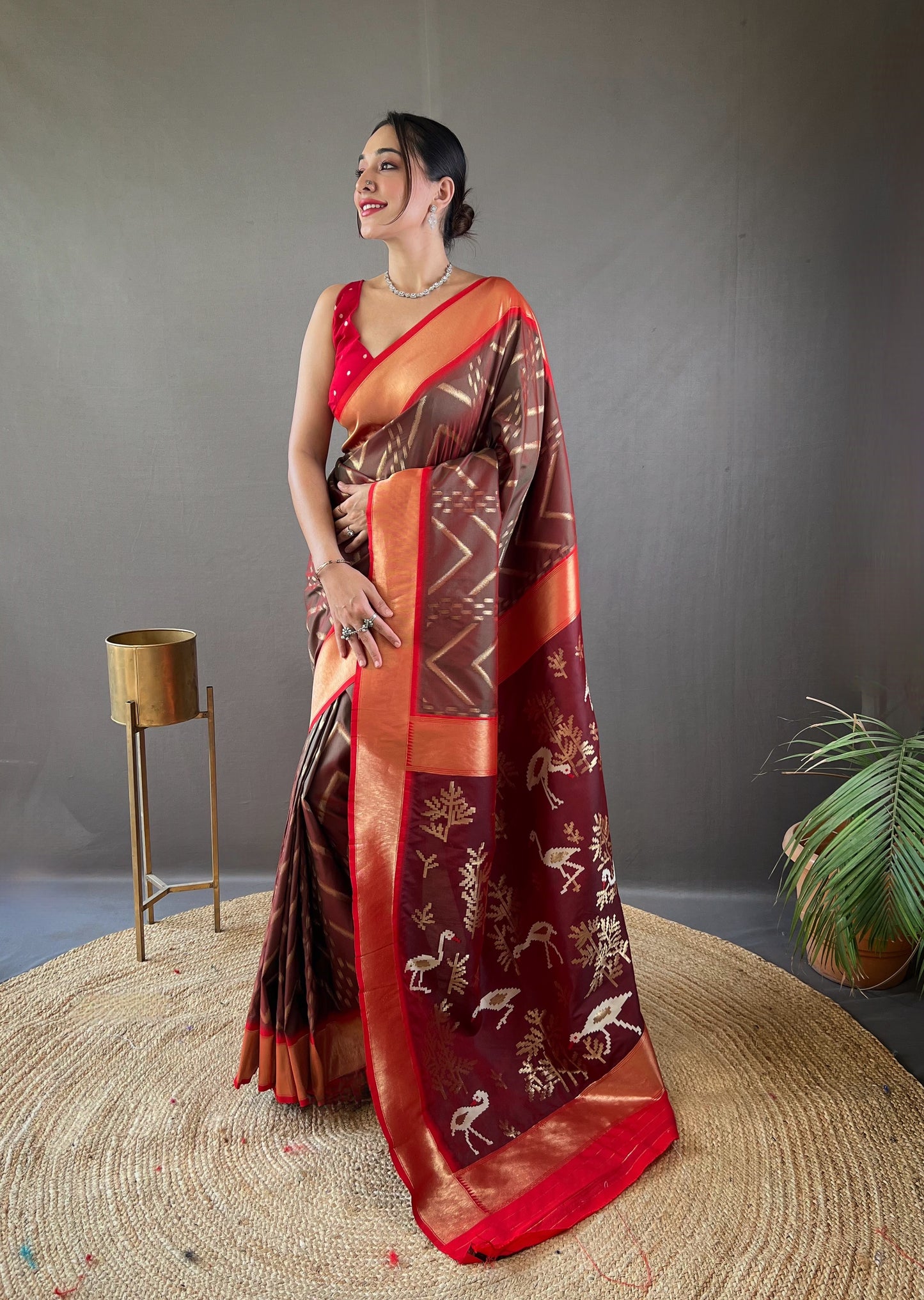 Enigmatic Coffee Color Soft Silk Saree with Viscose Zari & Rich Ikkat Weaving on Pallu