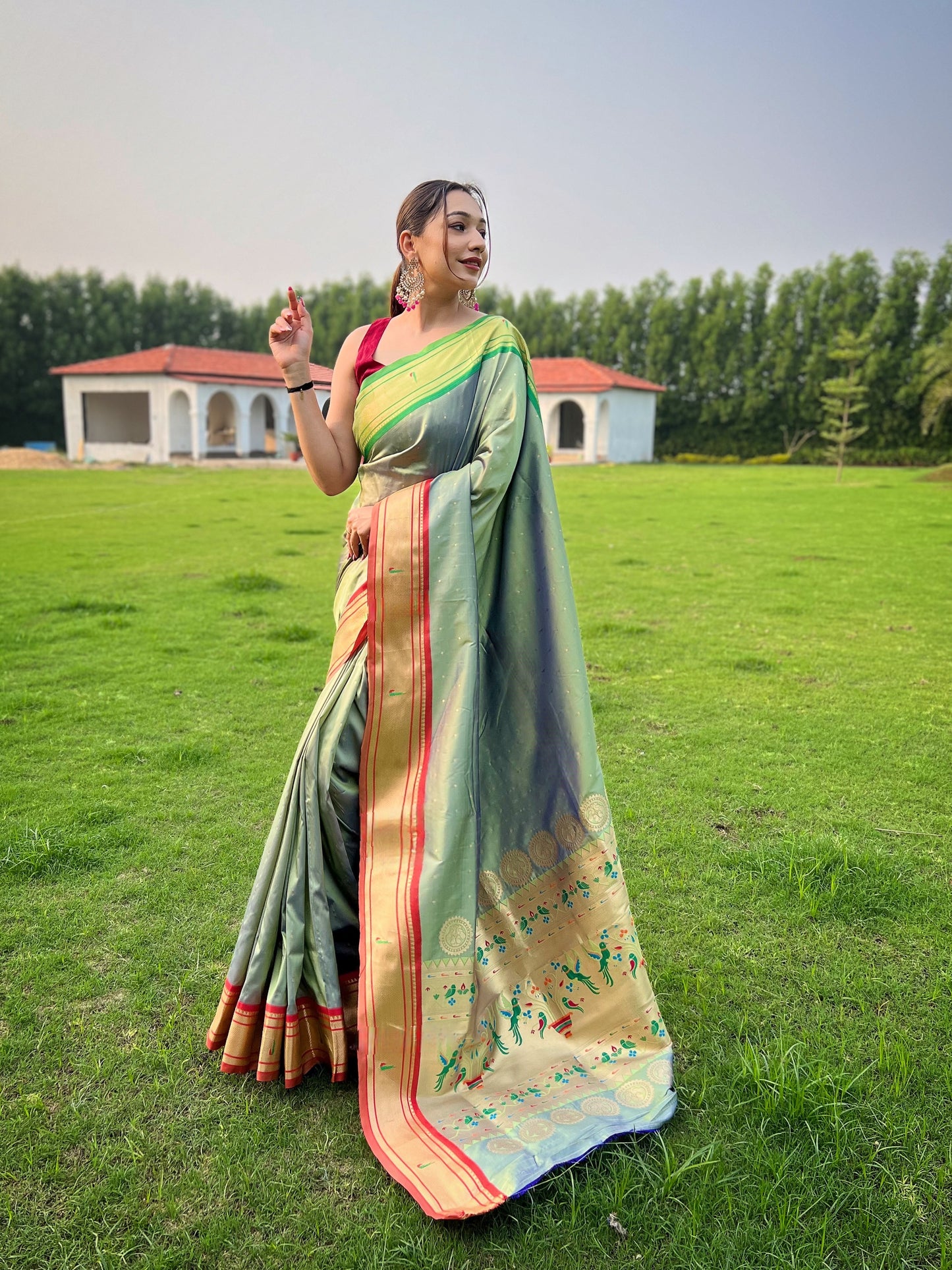 Mehendi Weaved Zari Paithani Broad Border Silk Saree