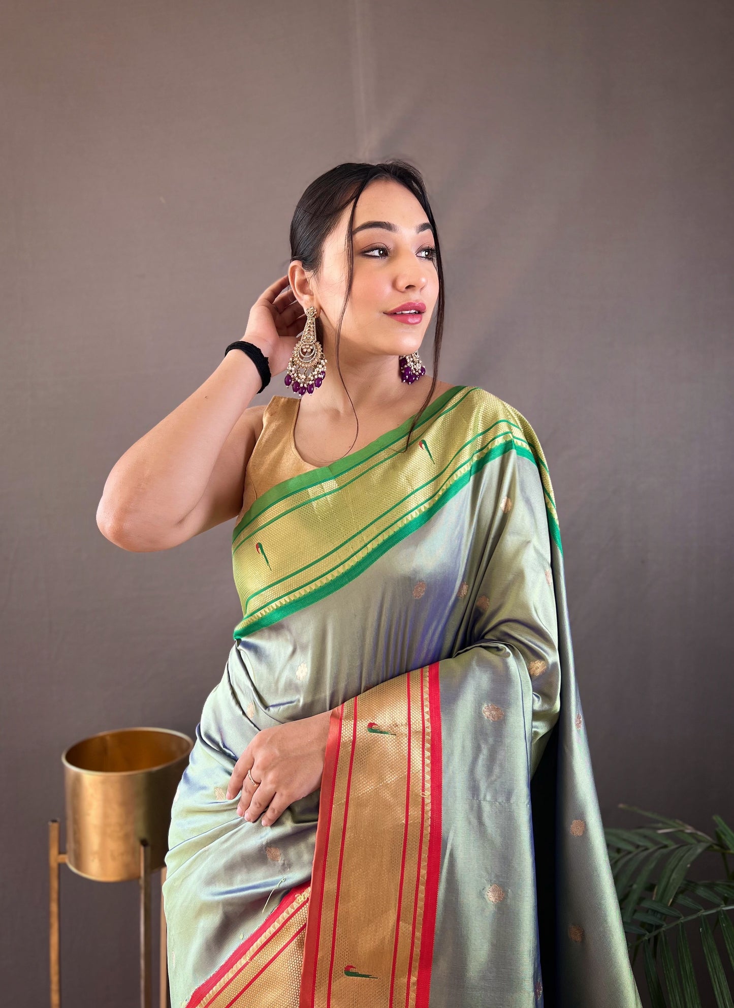 Women Woven Mehendi Saree with Contrast Border