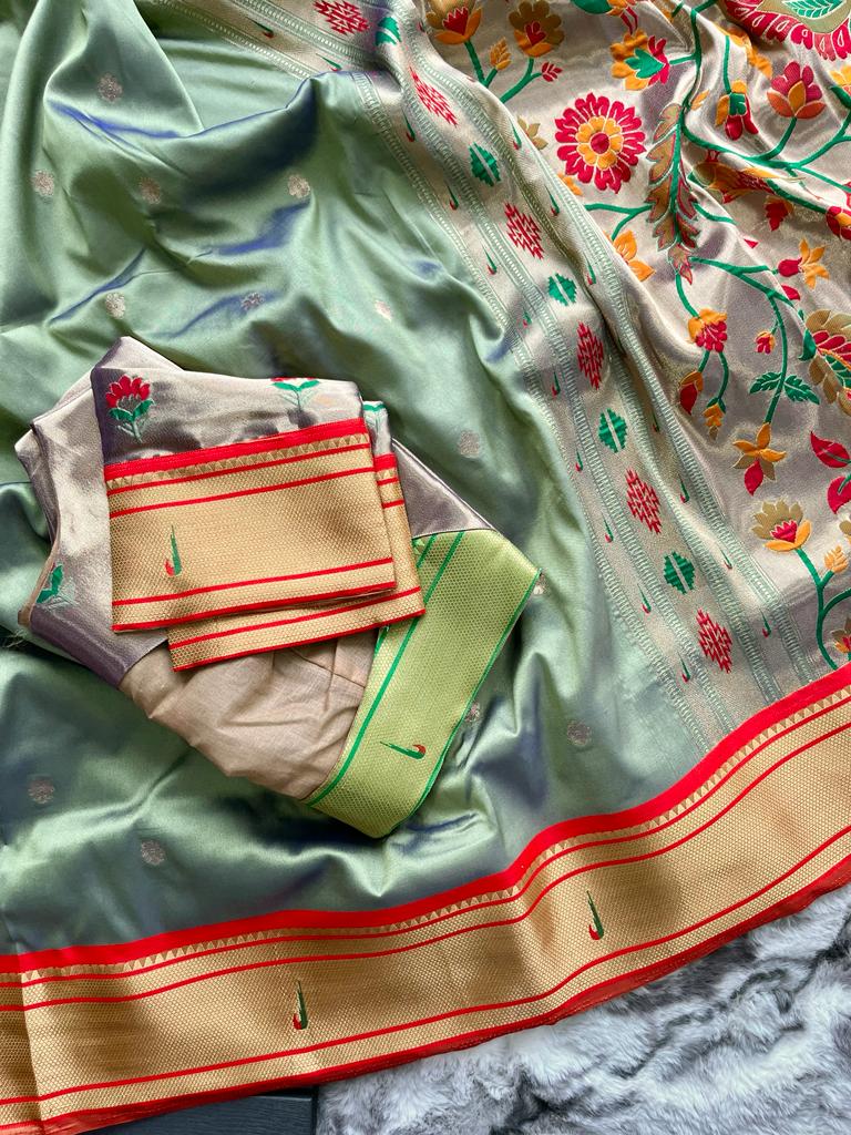 Women Woven Mehendi Saree with Contrast Border