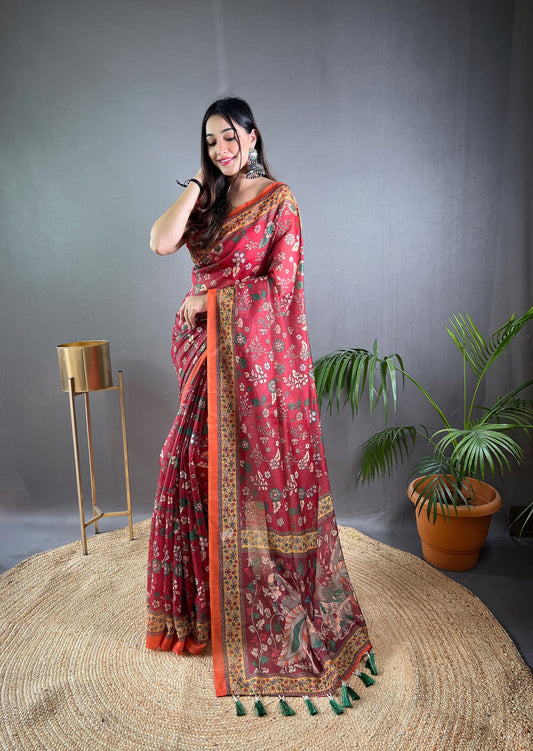 Maroon Floral Print Saree with Contrast Border