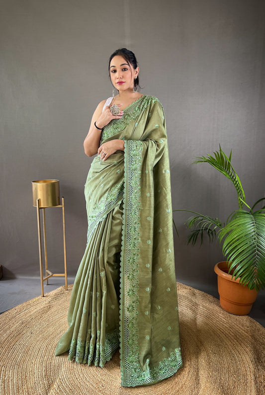 Embroidered Pista Green Saree With Resham Work And Unstitched Blouse