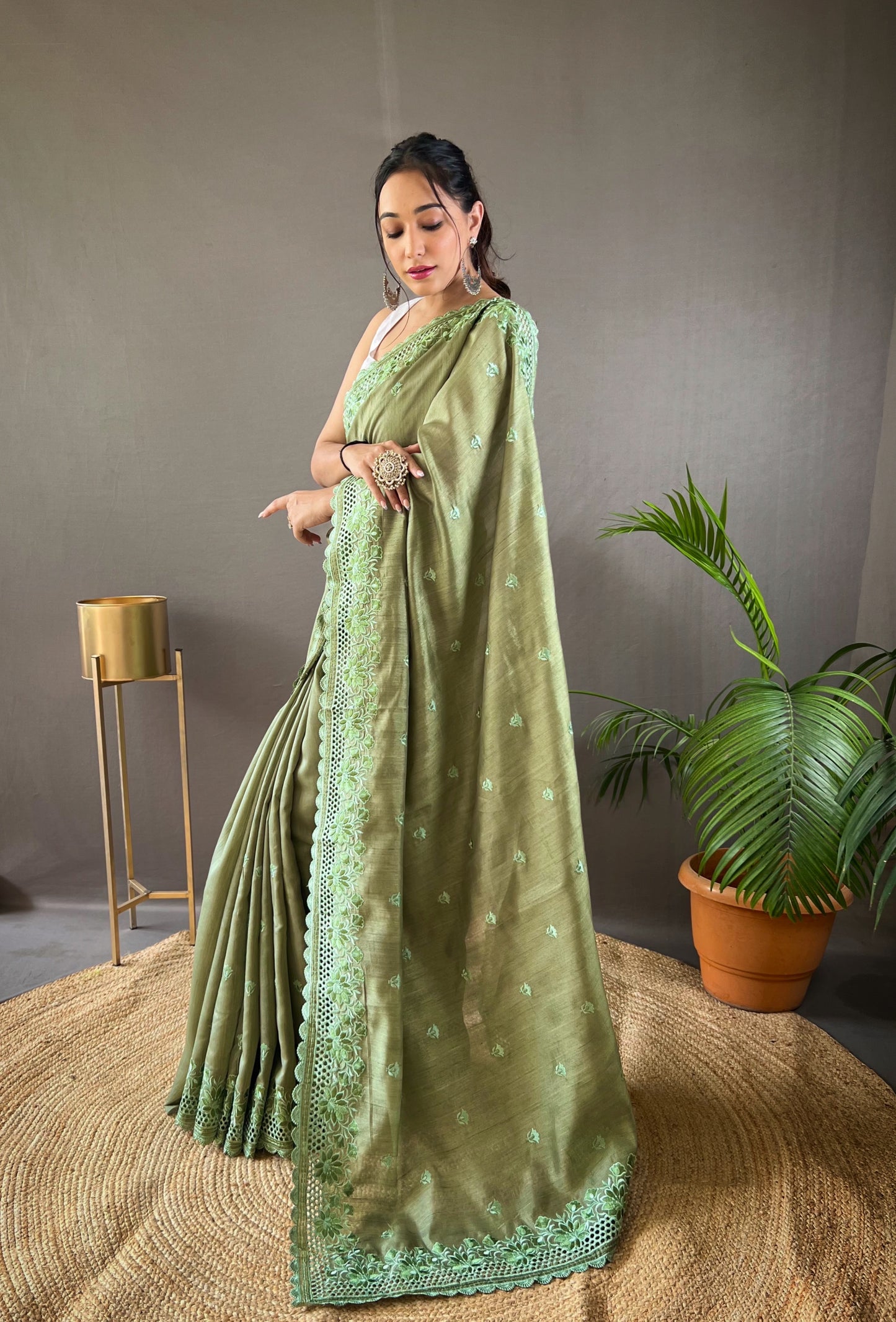 Embroidered Pista Green Saree With Resham Work And Unstitched Blouse