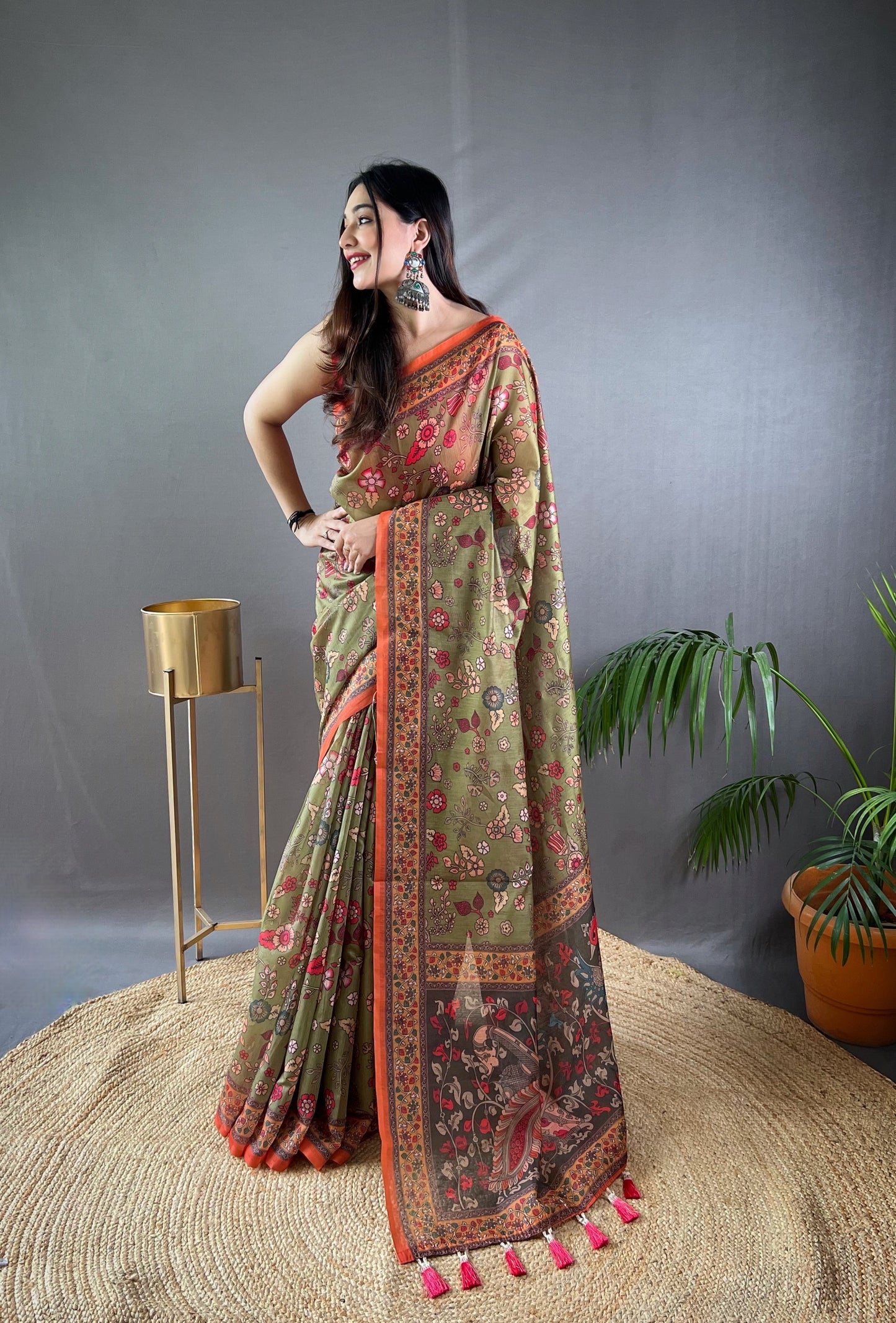 Mehendi Green Floral Print Saree with Contrast Border