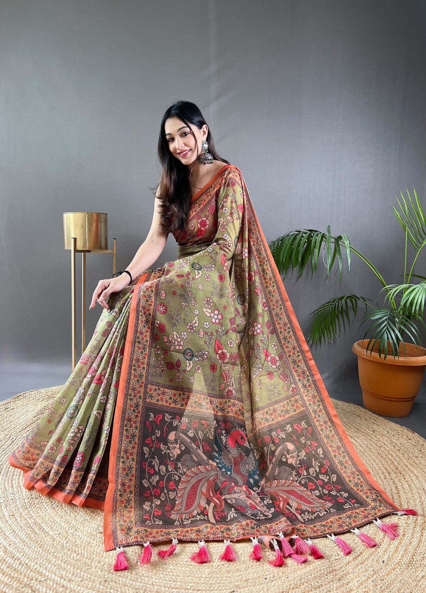 Mehendi Green Floral Print Saree with Contrast Border