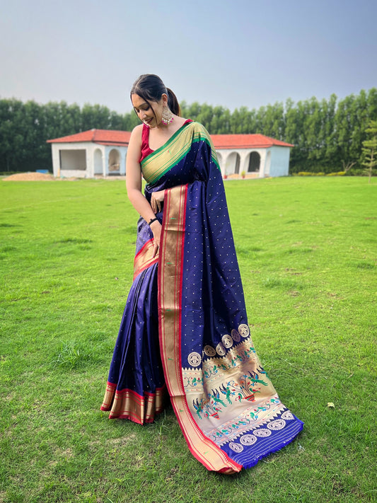 Navy Blue Weaved Zari Paithani Broad Border Silk Saree