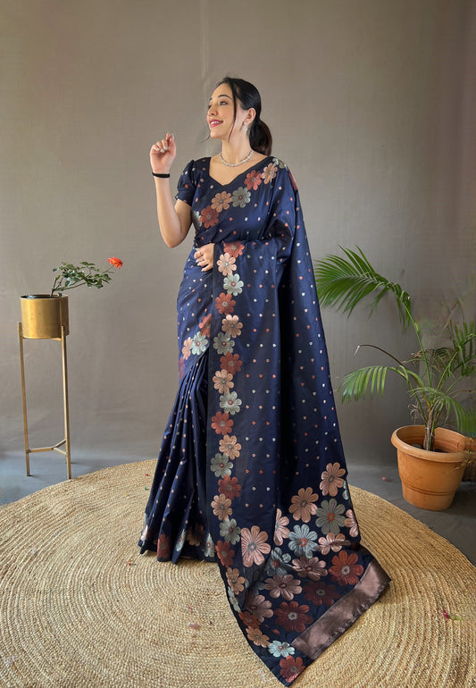 Navy Blue Woven Soft Silk Saree Set