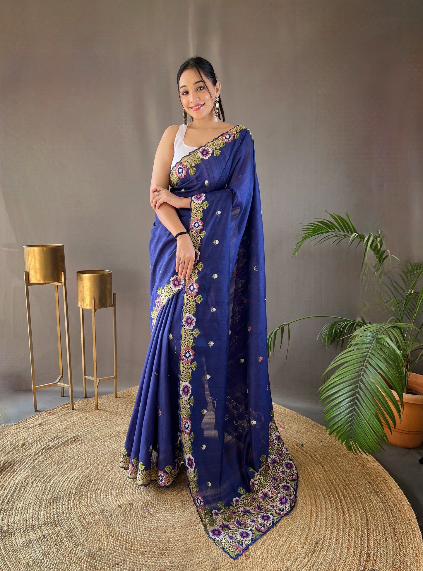 Navy Blue Floral Embroidered Tussar Silk Saree Set