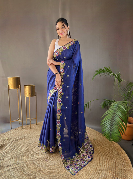 Navy Blue Floral Embroidered Tussar Silk Saree Set