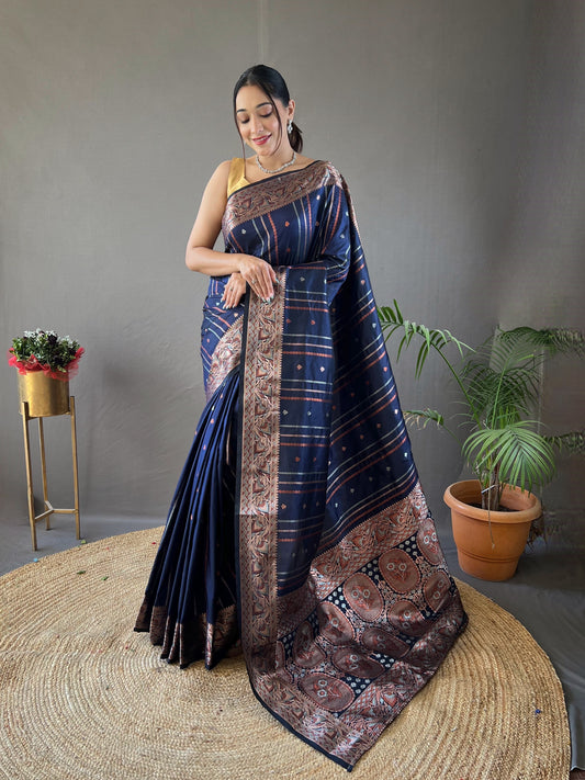 Assemblage Navy Blue Soft Banarasi Silk Saree With Beauteous Blouse Piece