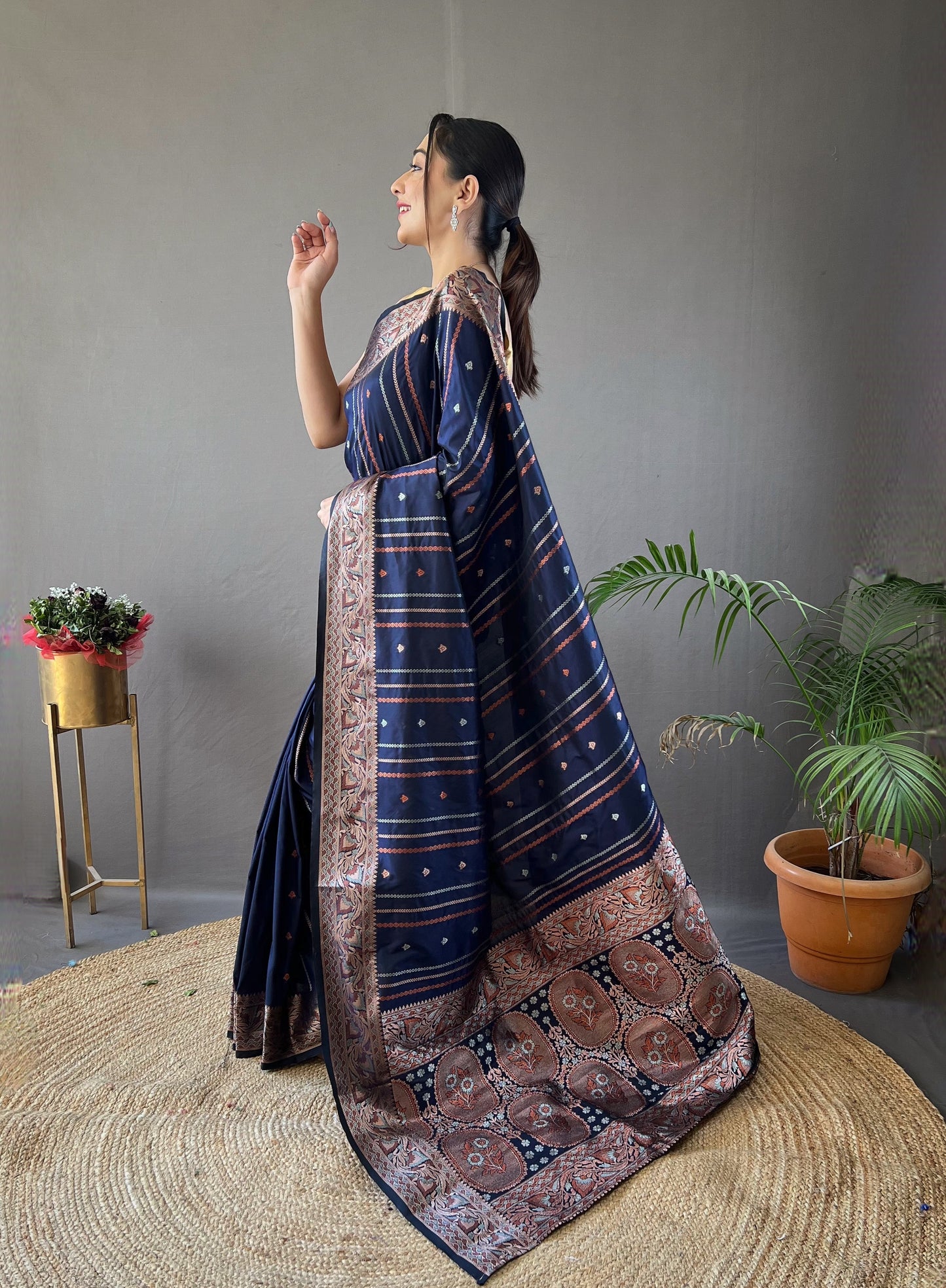 Assemblage Navy Blue Soft Banarasi Silk Saree With Beauteous Blouse Piece