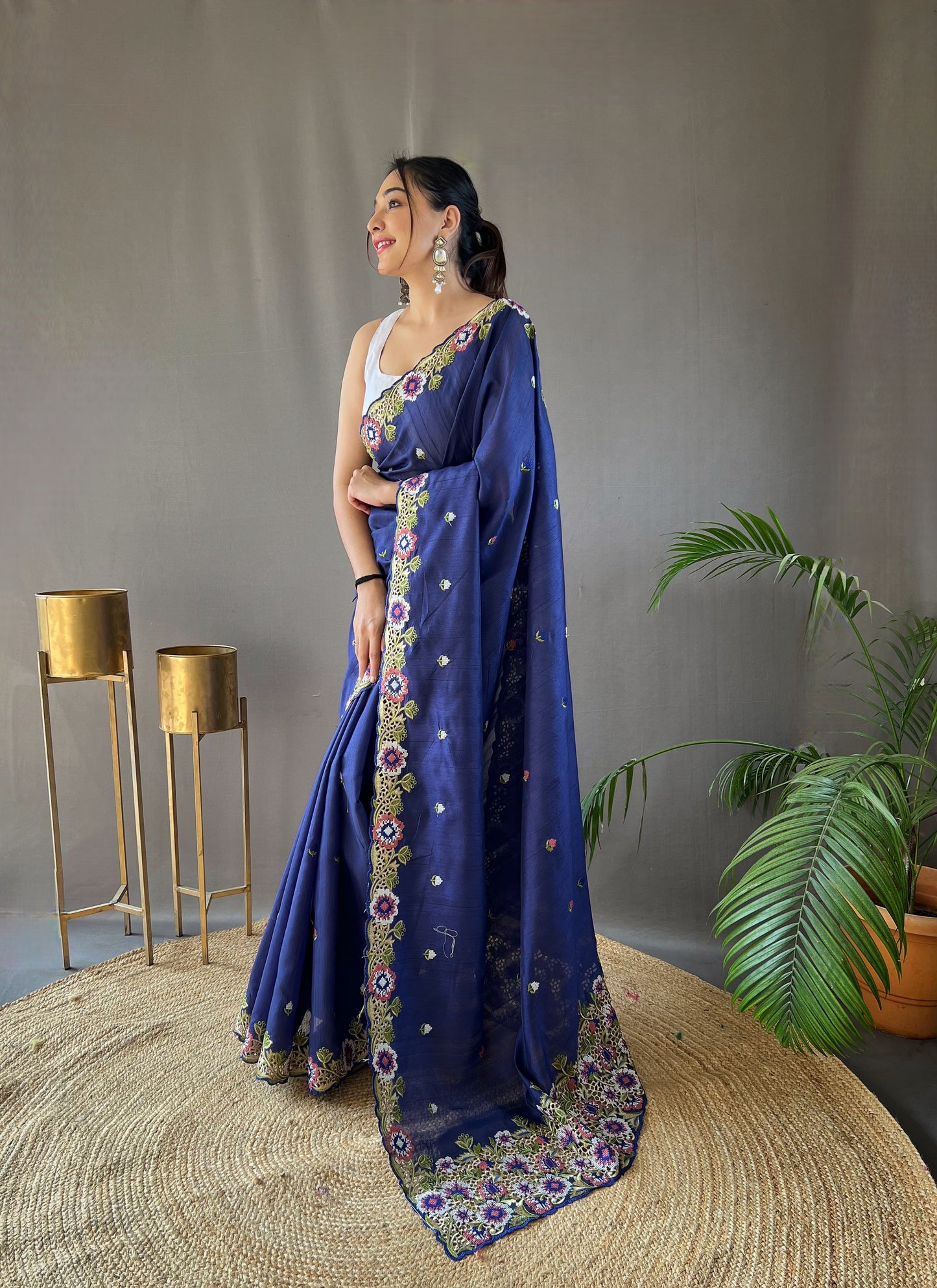 Navy Blue Floral Embroidered Tussar Silk Saree Set