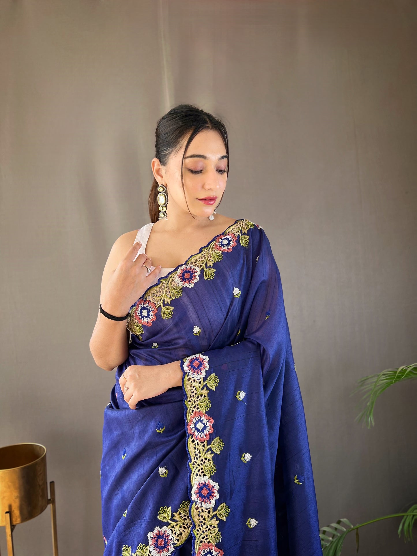 Navy Blue Floral Embroidered Tussar Silk Saree Set