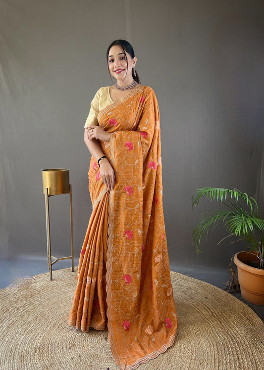 Orange Embroidered Saree with Scalloped Border