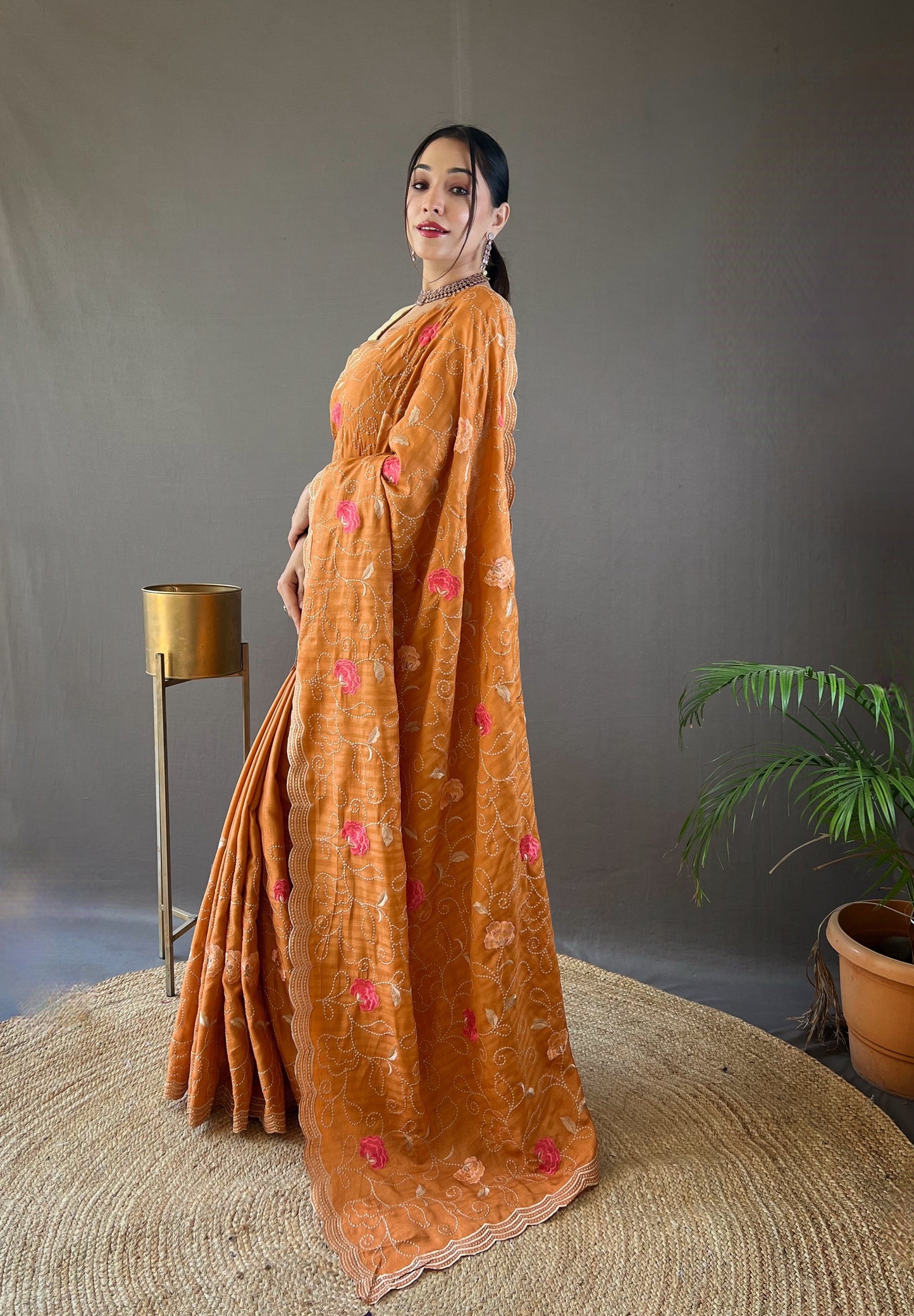 Orange Embroidered Saree with Scalloped Border