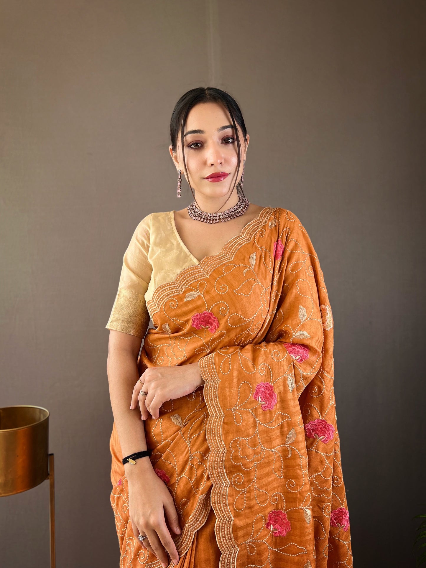 Orange Embroidered Saree with Scalloped Border