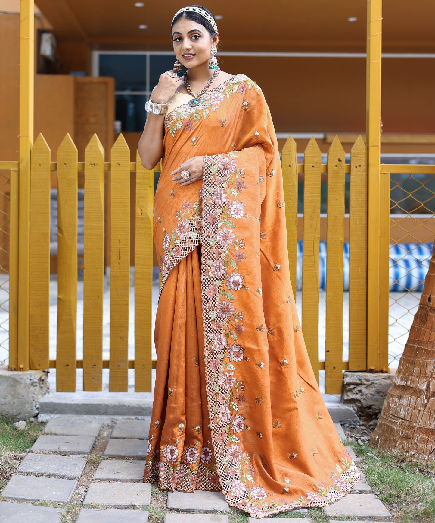 Orange Floral Embroidered Pure Silk Saree