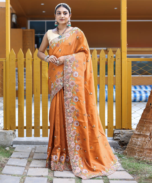 Orange Floral Embroidered Pure Silk Saree