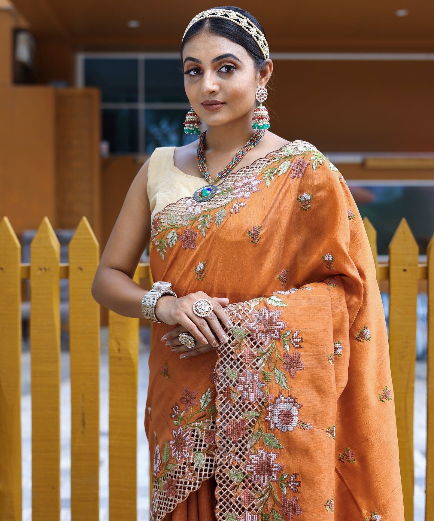 Orange Floral Embroidered Pure Silk Saree