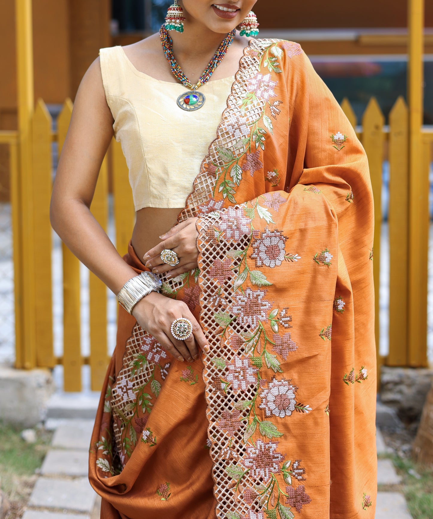 Orange Floral Embroidered Pure Silk Saree