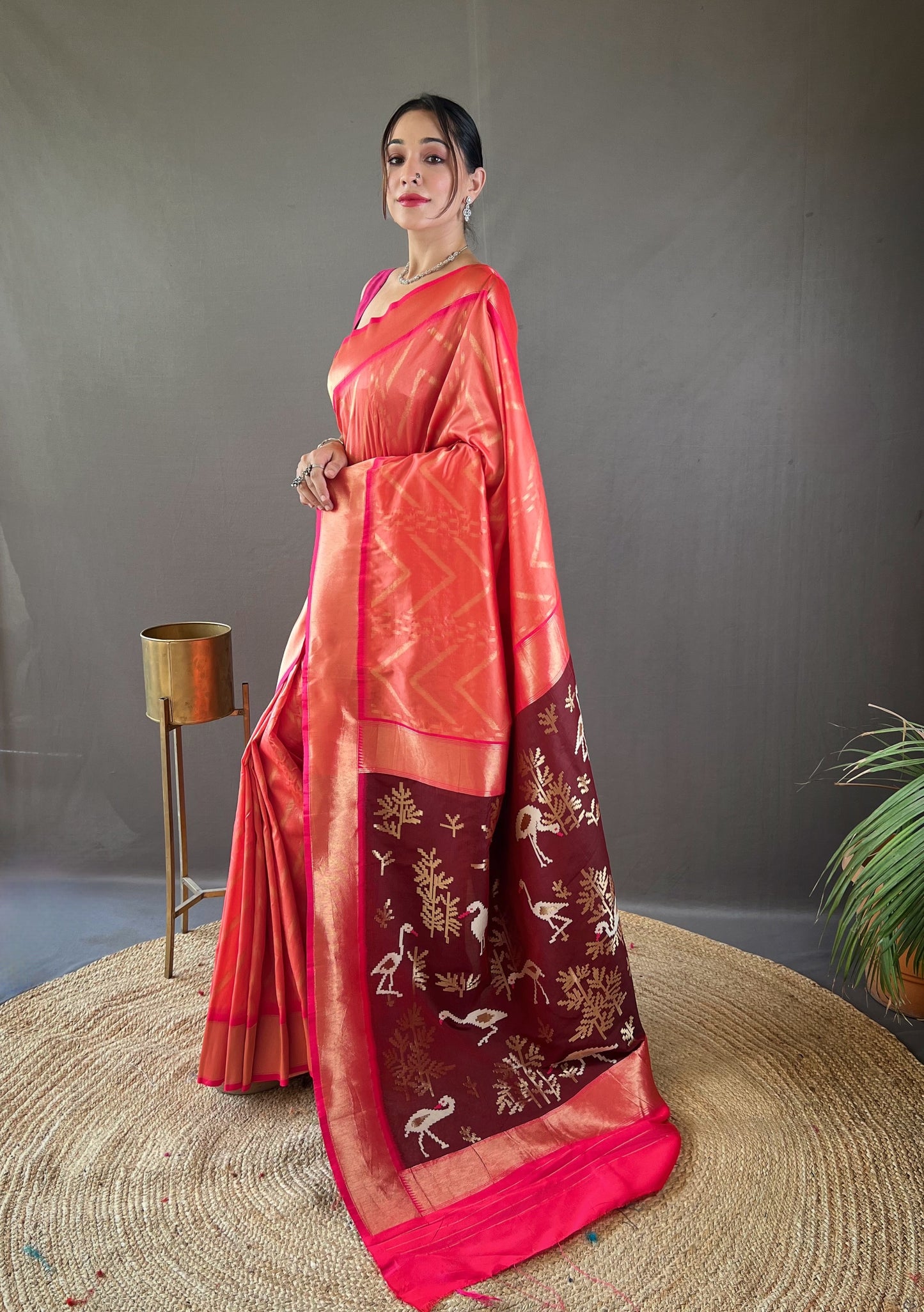 Ethereal Peach Color Soft Silk Saree with Viscose Zari & Rich Ikkat Weaving on Pallu