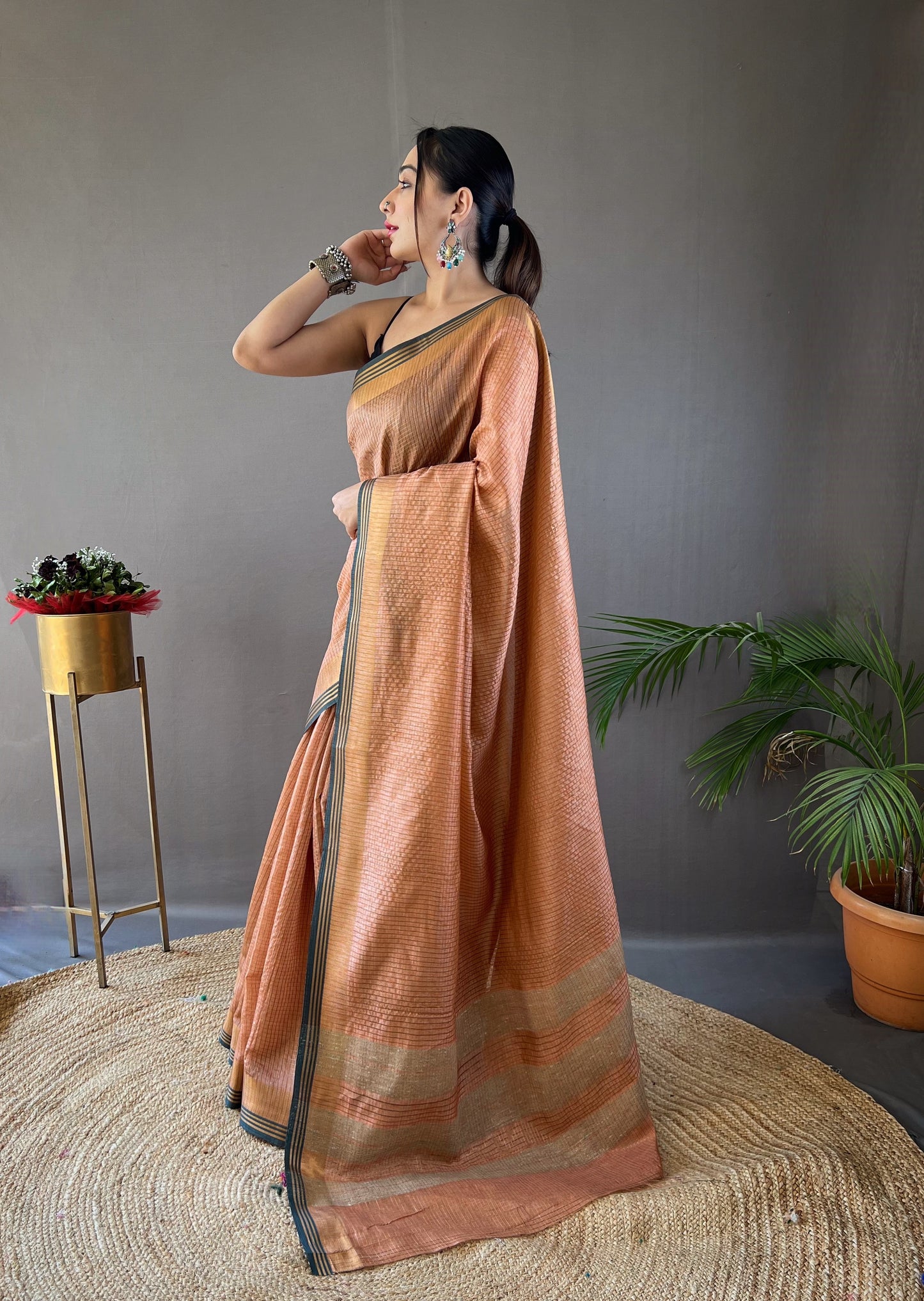 Woven Design Zari Banarasi Saree in Peach Color