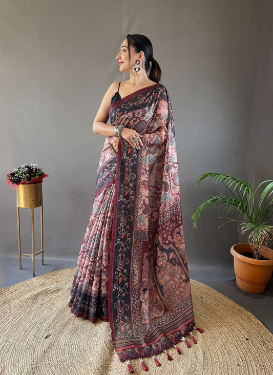 Peach Floral Printed Saree with Blouse Piece