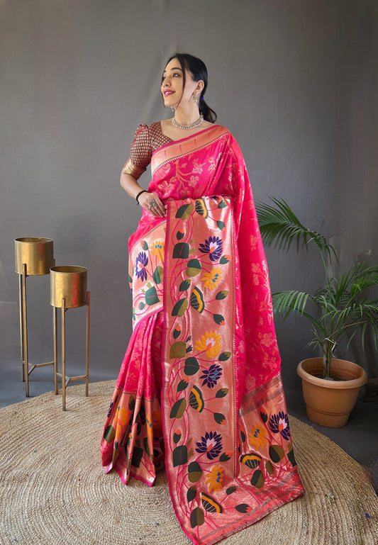 Pink Woven Silk Saree Set