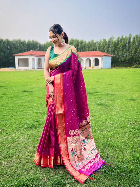 Pink Weaved Zari Paithani Broad Border Silk Saree