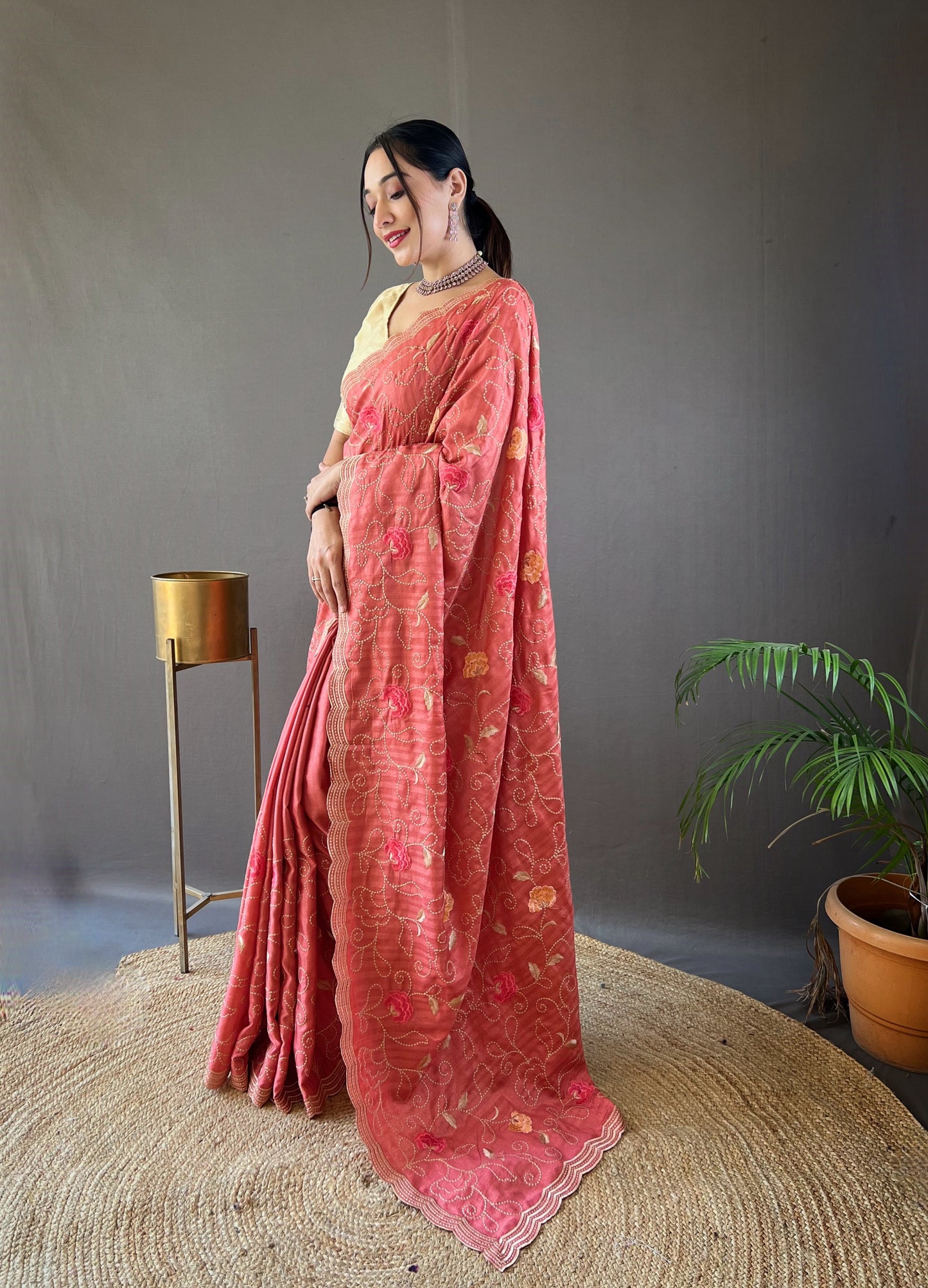 Pink Embroidered Saree with Scalloped Border