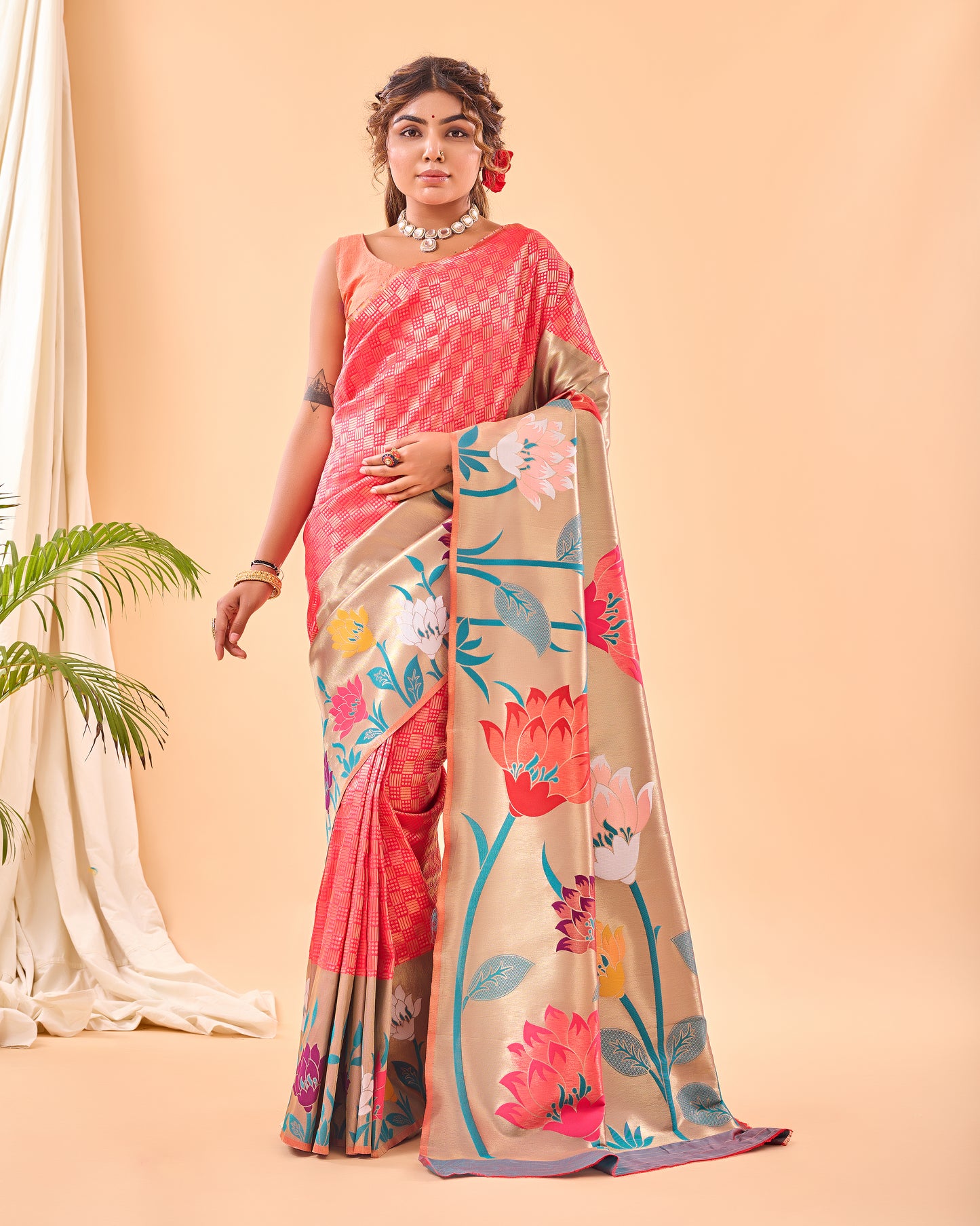 Watermelon Pink Paithani Silk Saree