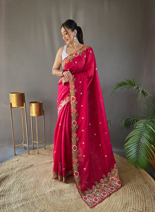 Pink Floral Embroidered Tussar Silk Saree Set