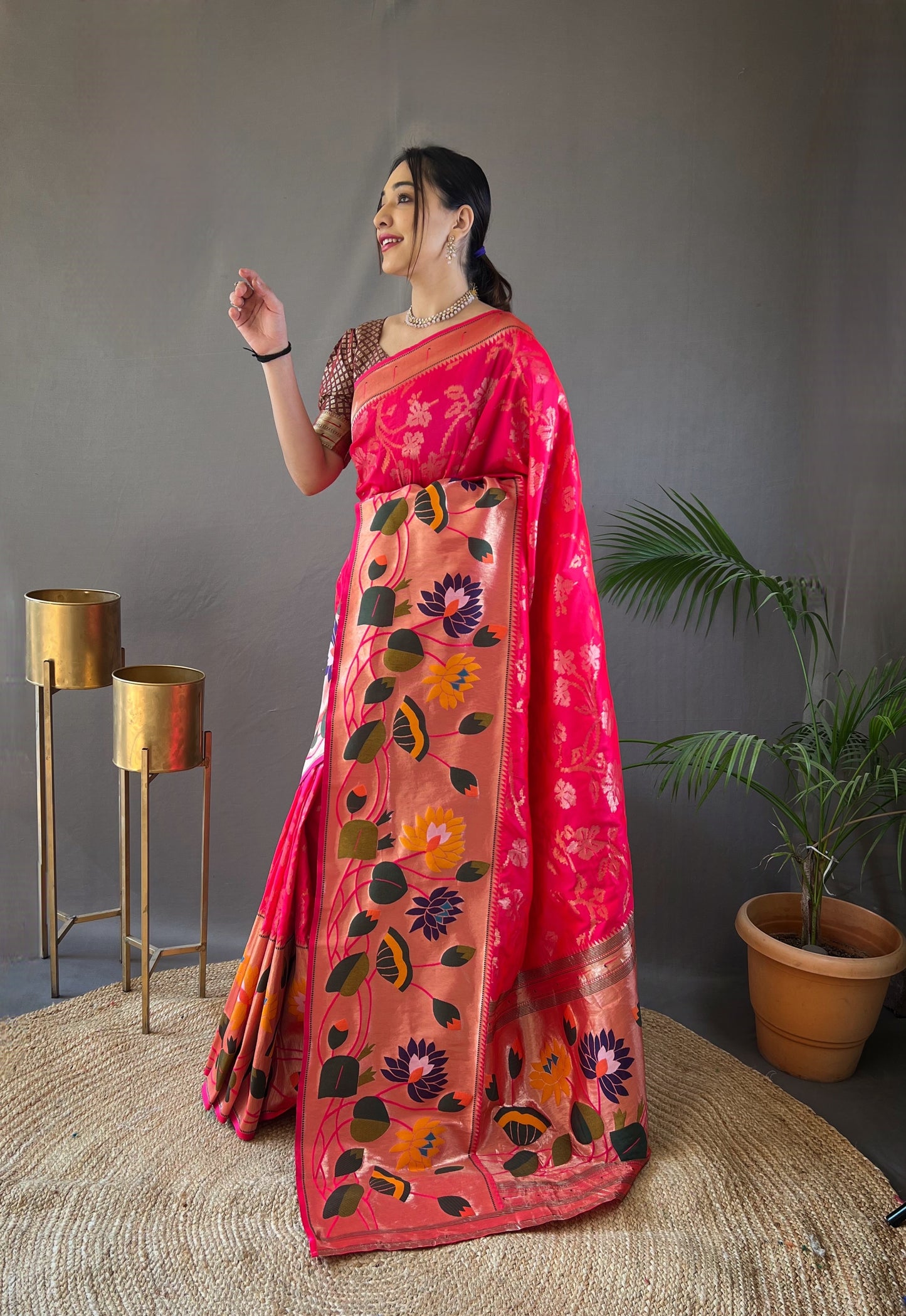 Pink Woven Silk Saree Set