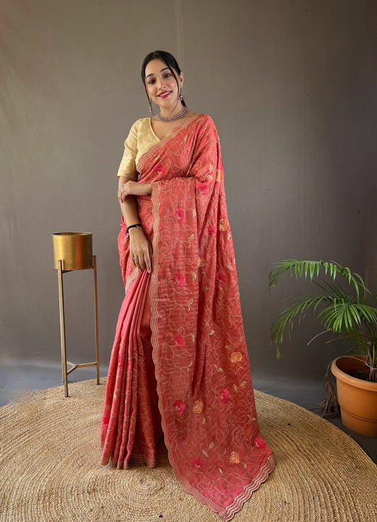 Pink Embroidered Saree with Scalloped Border