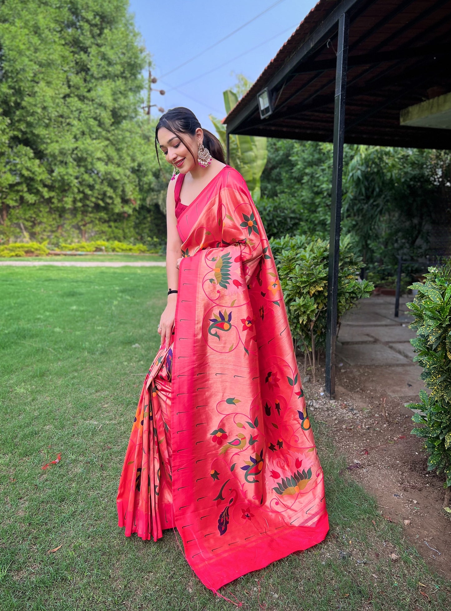 Pink Floral Paithani Silk Saree Set