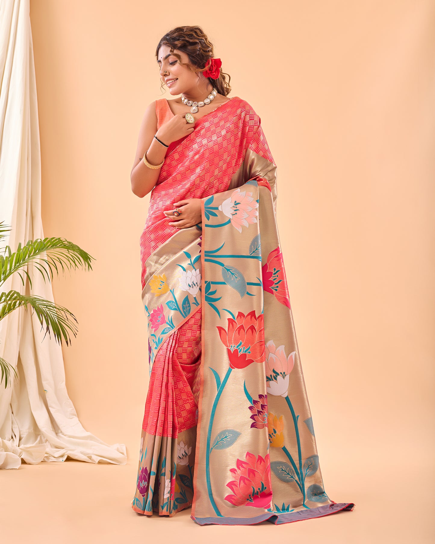 Watermelon Pink Paithani Silk Saree