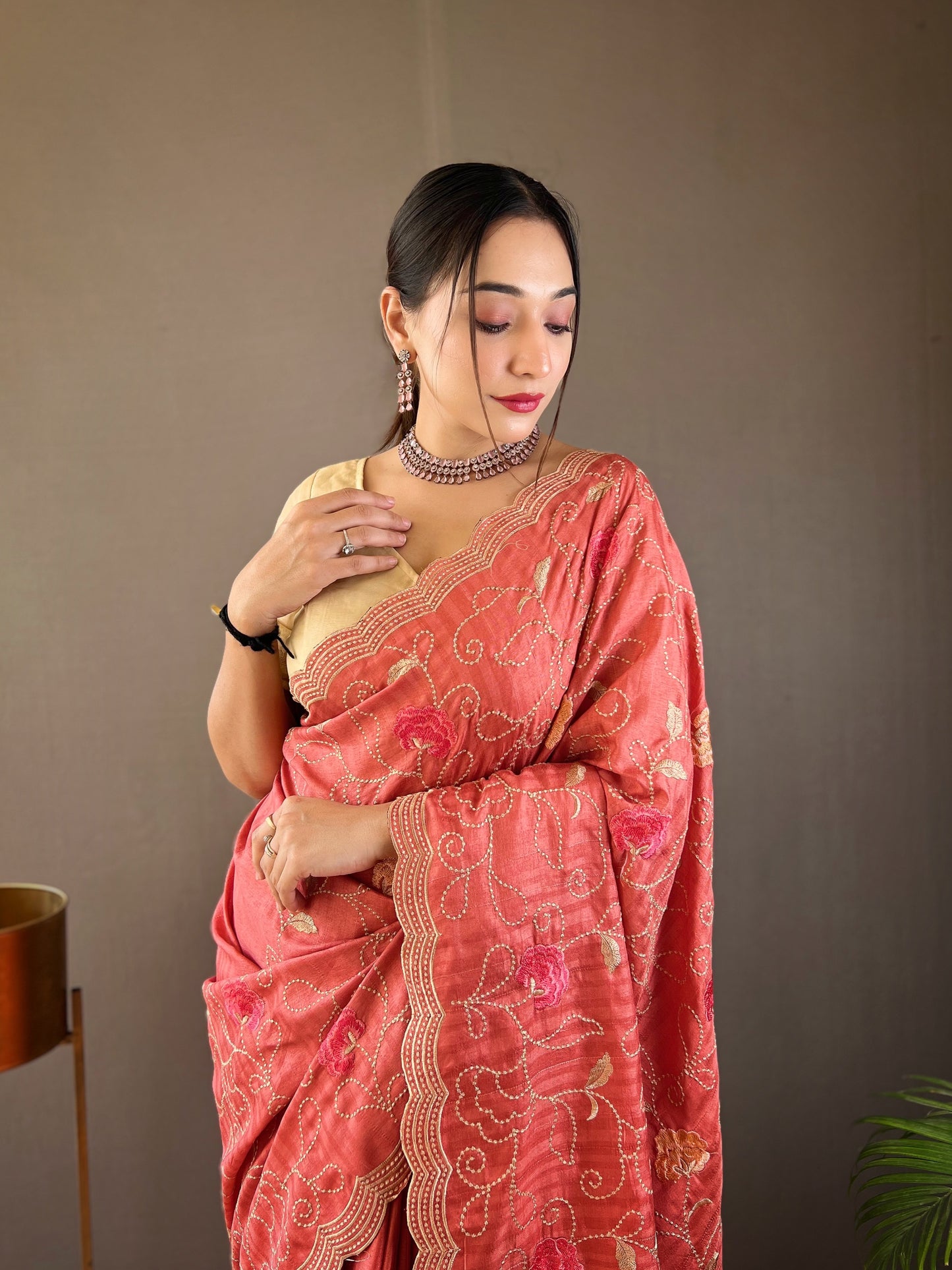 Pink Embroidered Saree with Scalloped Border