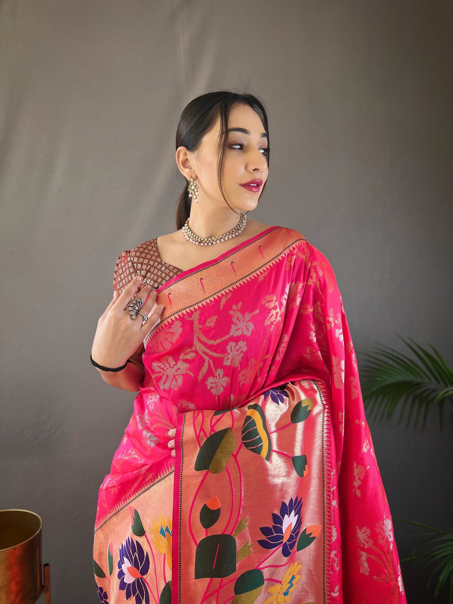 Pink Woven Silk Saree Set