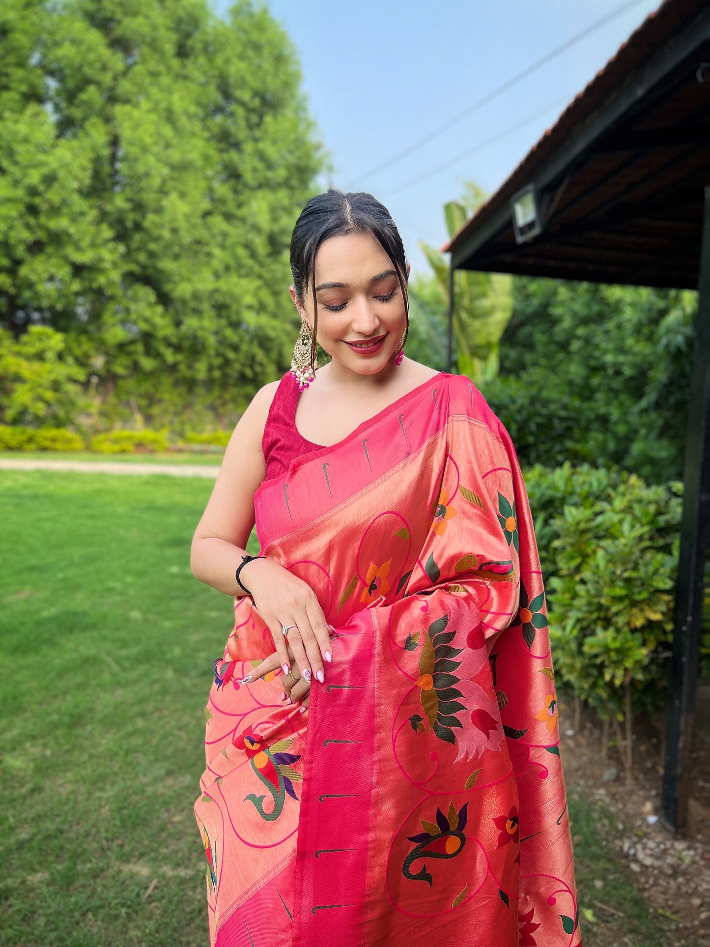 Pink Floral Paithani Silk Saree Set