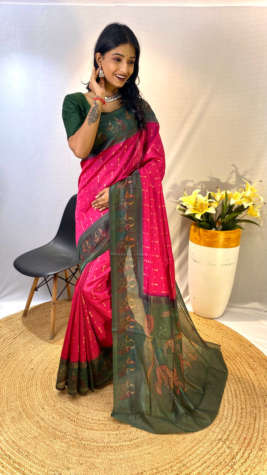 Dark Pink Chanderi Silk Sarees With Contrast Pallu & Border Printed With Contrast Blouse