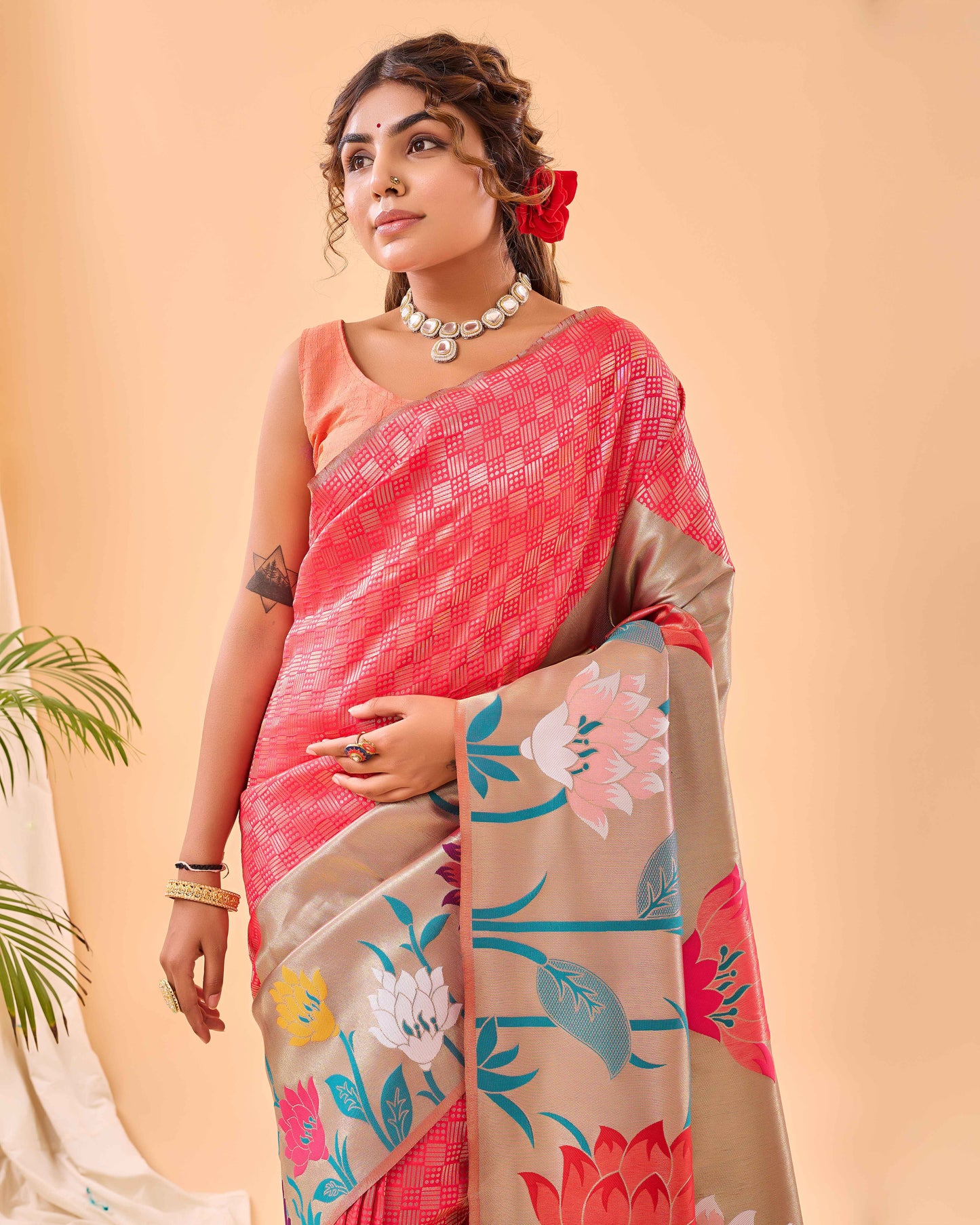 Watermelon Pink Paithani Silk Saree