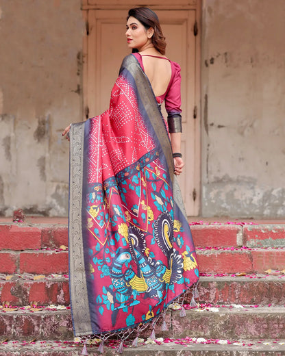 Pink Pure Silk Digitally Printed Saree Weaved With Golden Zari Comes With Tassels