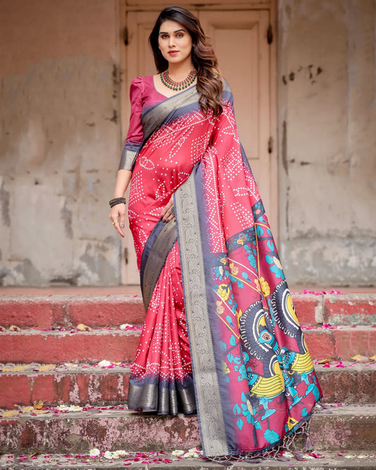 Pink Pure Silk Digitally Printed Saree Weaved With Golden Zari Comes With Tassels