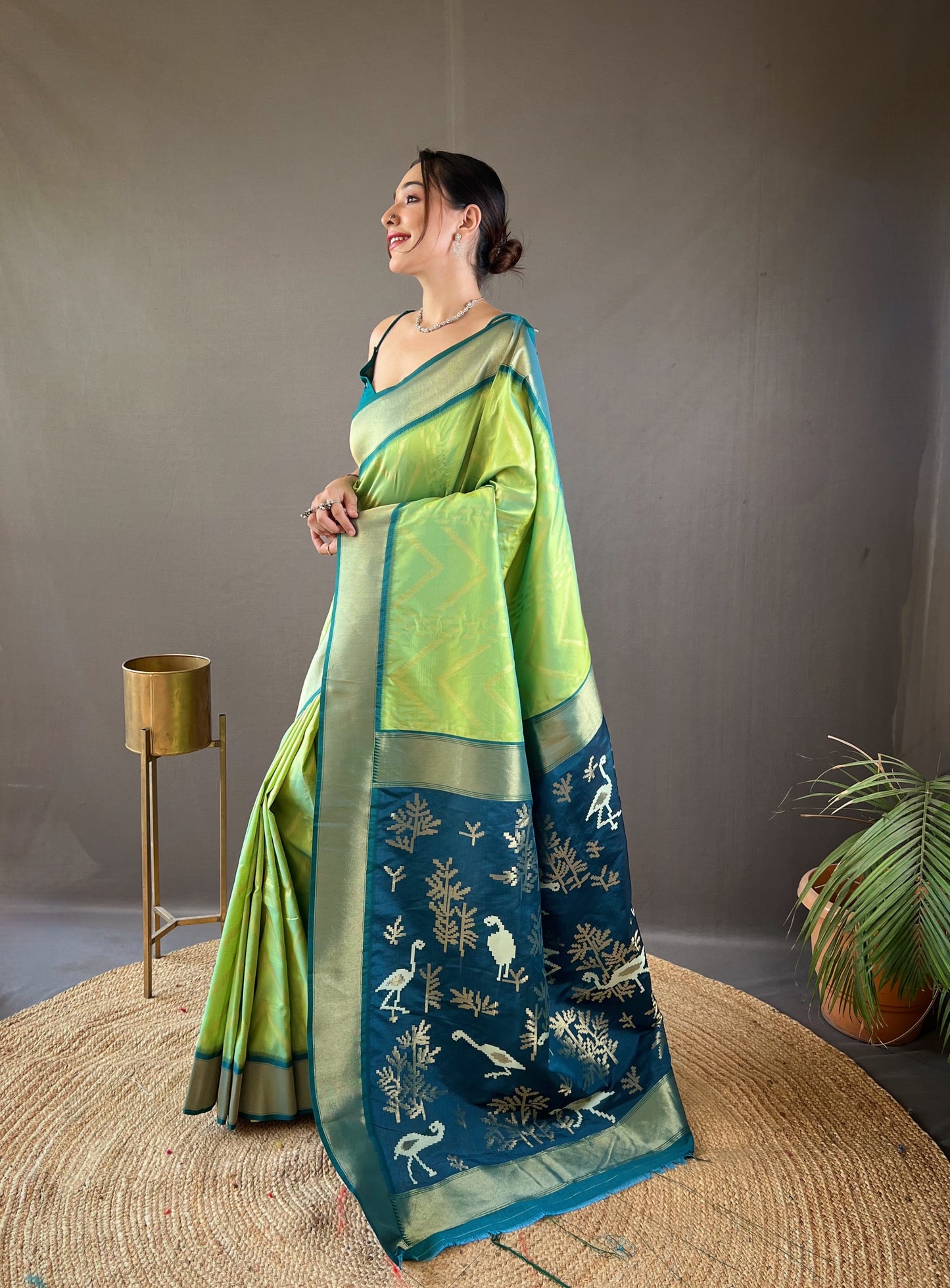 Serene Parrot Green Color Soft Silk Saree with Viscose Zari & Rich Ikkat Weaving on Pallu