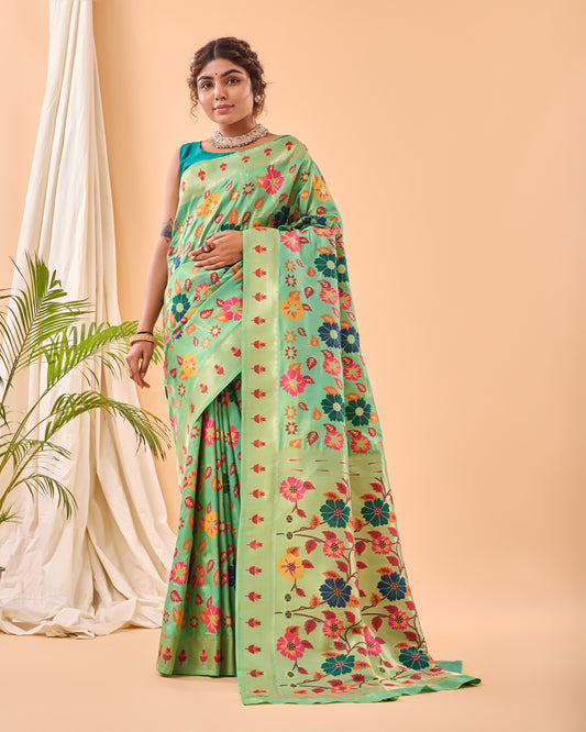 Pista Green Paithani Silk Saree With Weaving Work