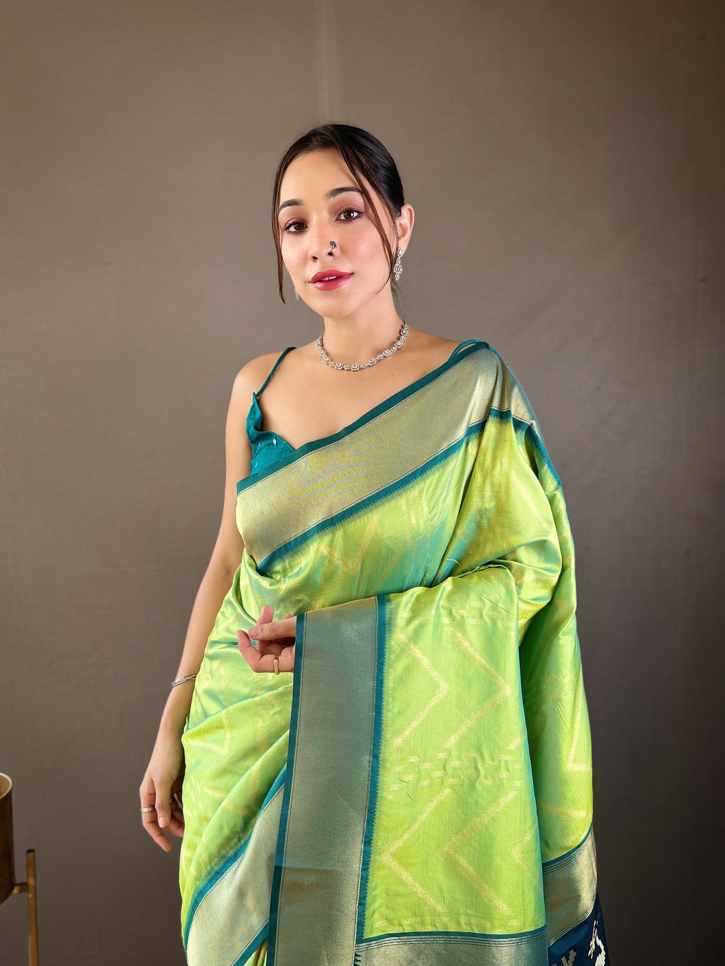 Serene Parrot Green Color Soft Silk Saree with Viscose Zari & Rich Ikkat Weaving on Pallu