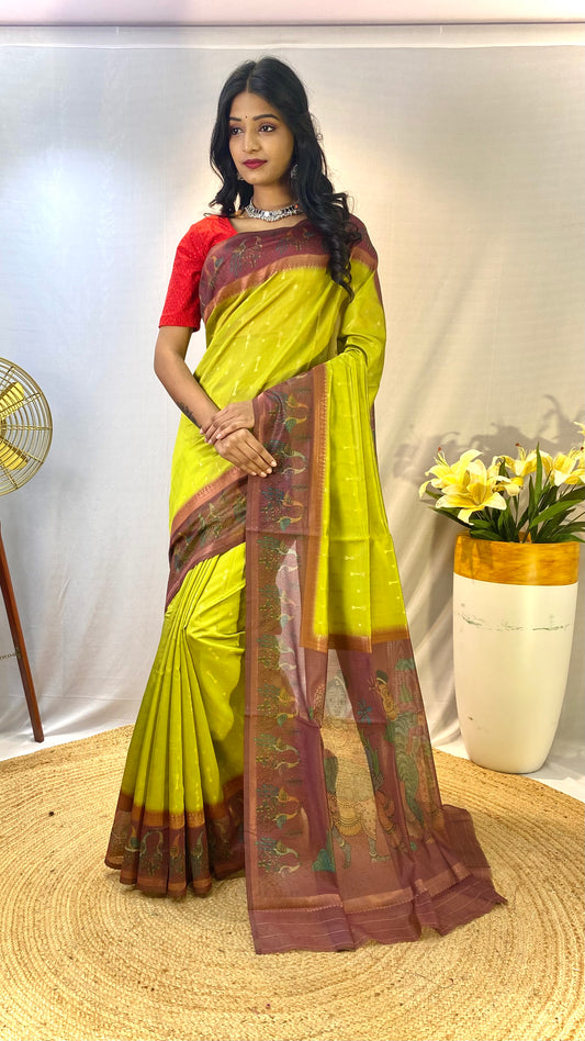 Pista Green Chanderi Silk Sarees With Contrast Pallu & Border Printed With Contrast Blouse