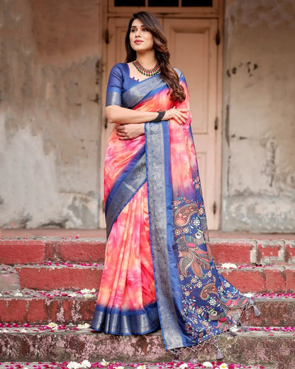Pure Dola Silk Digitally Printed Saree with Golden Zari and Tassels
