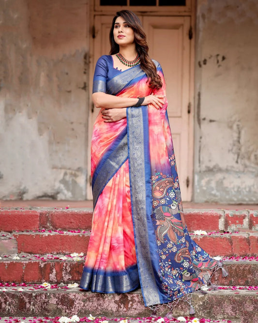 Pure Dola Silk Digitally Printed Saree with Golden Zari and Tassels